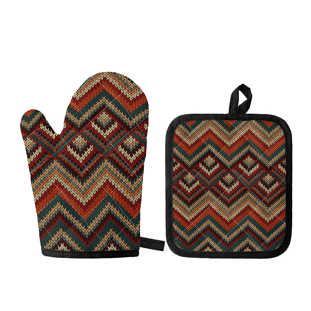 Vintage Knitted Pattern Print Oven Mitt And Pot Holder Set