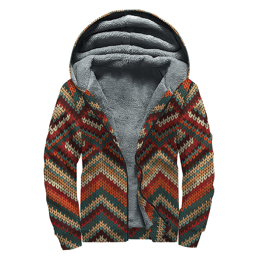Vintage Knitted Pattern Print Sherpa Lined Zip Up Hoodie