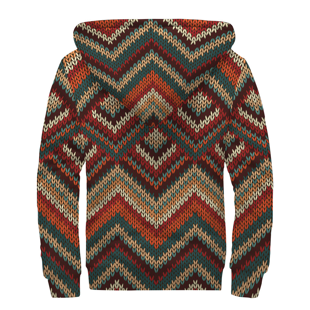 Vintage Knitted Pattern Print Sherpa Lined Zip Up Hoodie