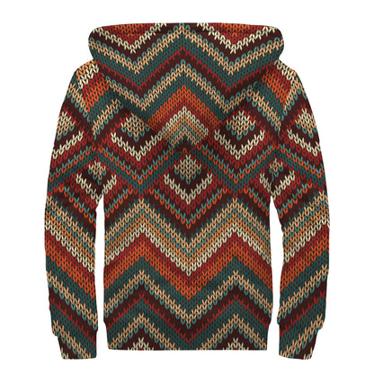 Vintage Knitted Pattern Print Sherpa Lined Zip Up Hoodie