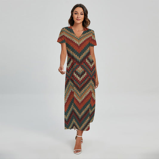 Vintage Knitted Pattern Print Short Sleeve Maxi Dress