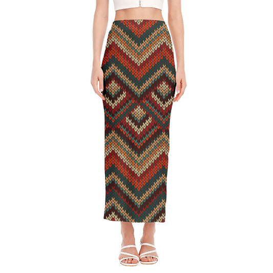 Vintage Knitted Pattern Print Side Slit Maxi Skirt