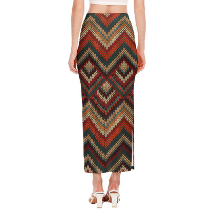 Vintage Knitted Pattern Print Side Slit Maxi Skirt