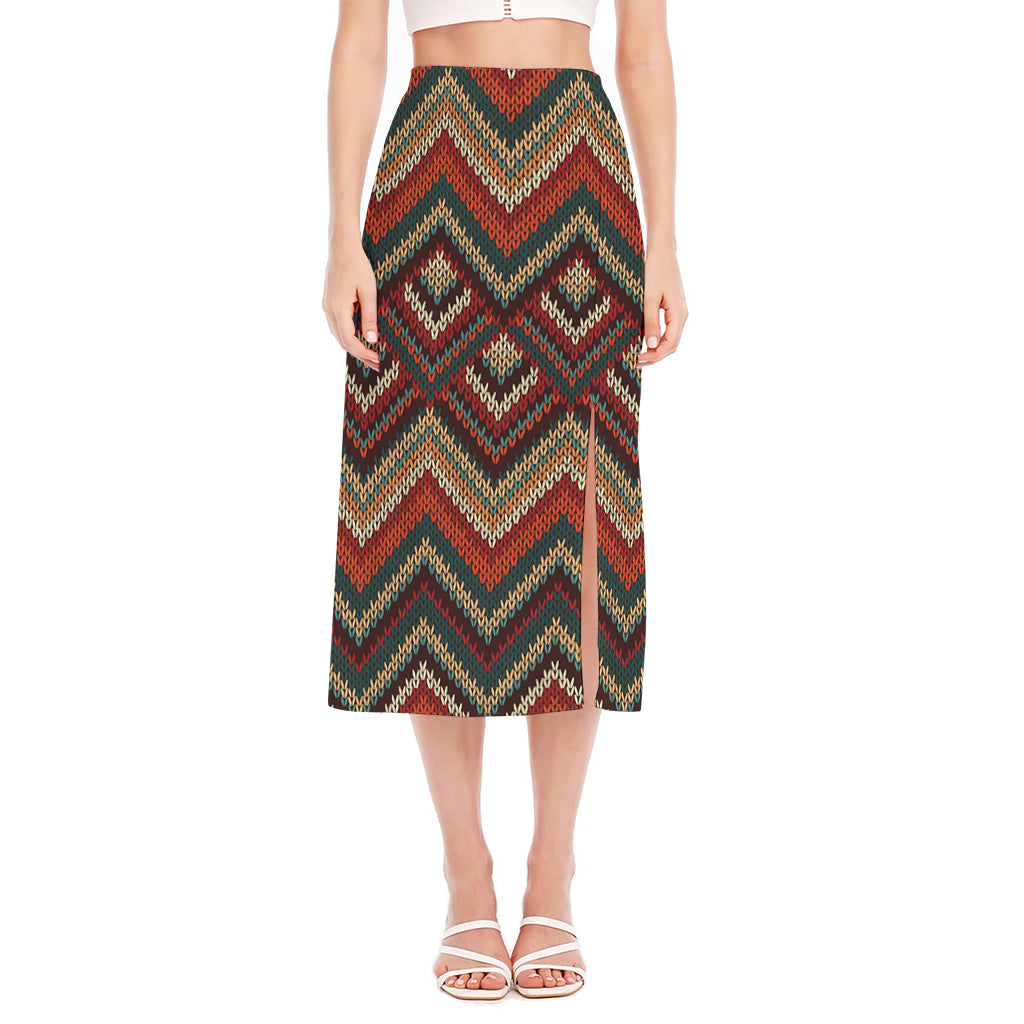 Vintage Knitted Pattern Print Side Slit Midi Skirt