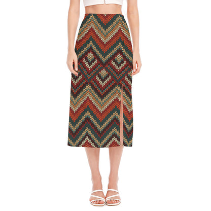 Vintage Knitted Pattern Print Side Slit Midi Skirt