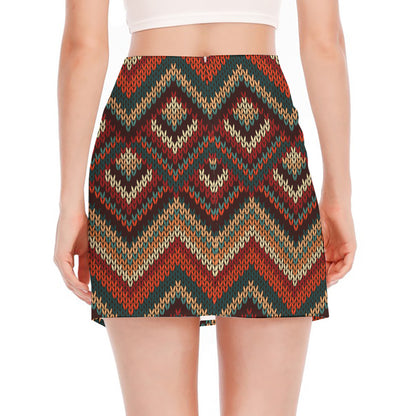 Vintage Knitted Pattern Print Side Slit Mini Skirt