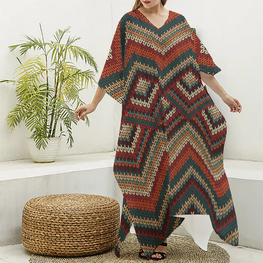 Vintage Knitted Pattern Print Silk V-Neck Kaftan Dress