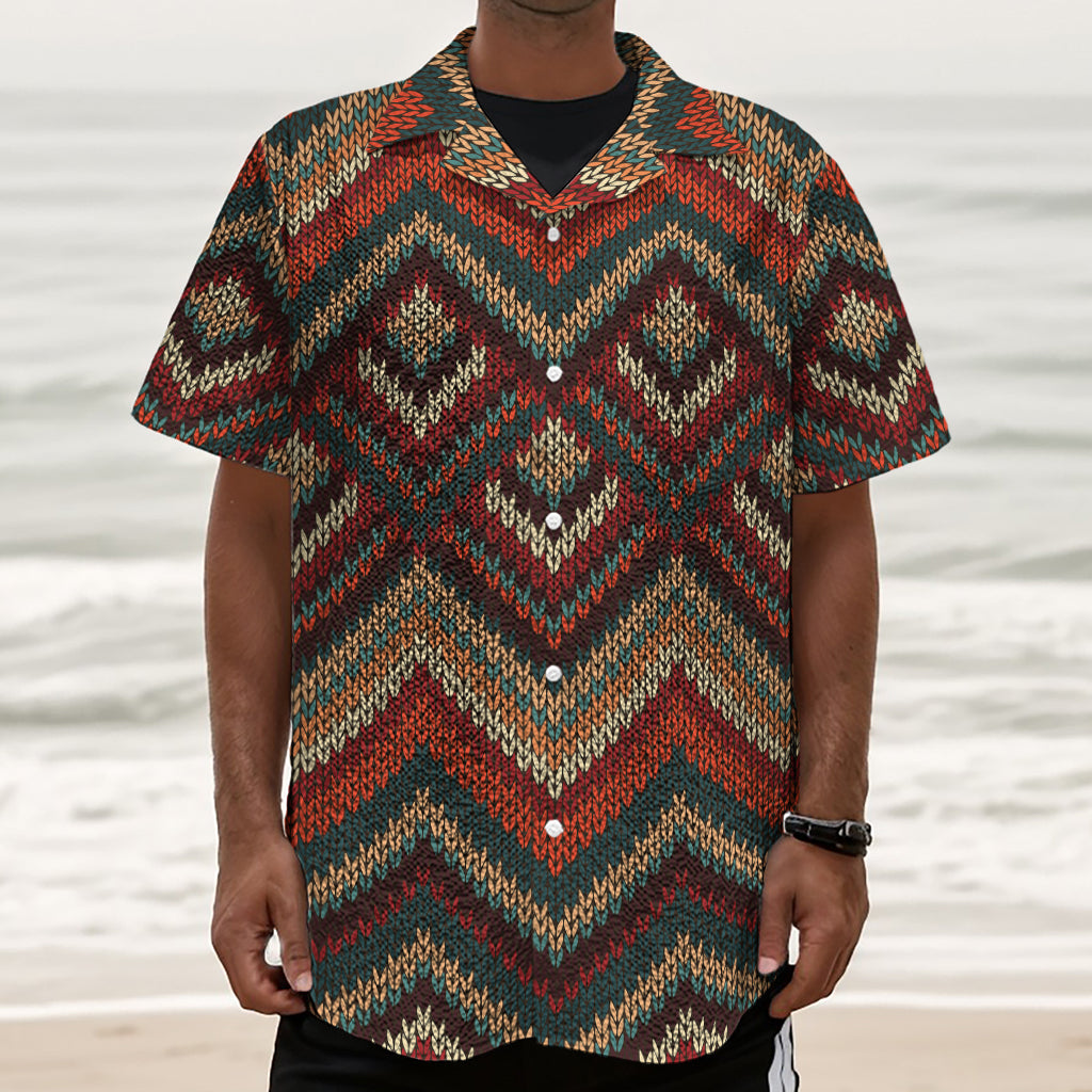 Vintage Knitted Pattern Print Textured Short Sleeve Shirt