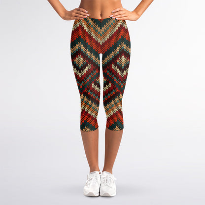 Vintage Knitted Pattern Print Women's Capri Leggings
