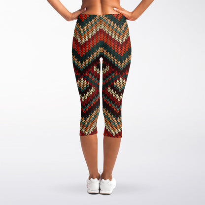 Vintage Knitted Pattern Print Women's Capri Leggings