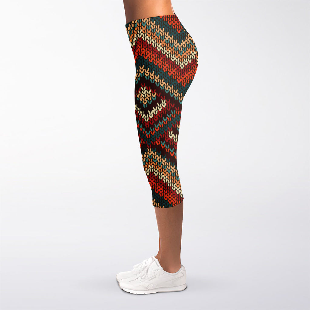 Vintage Knitted Pattern Print Women's Capri Leggings