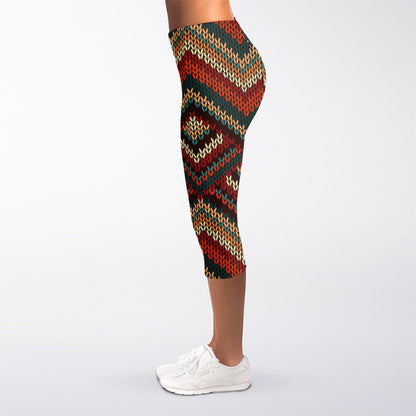 Vintage Knitted Pattern Print Women's Capri Leggings