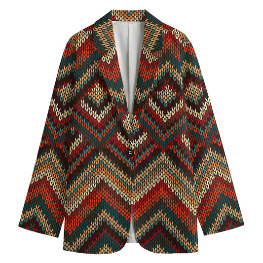 Vintage Knitted Pattern Print Women's Cotton Blazer