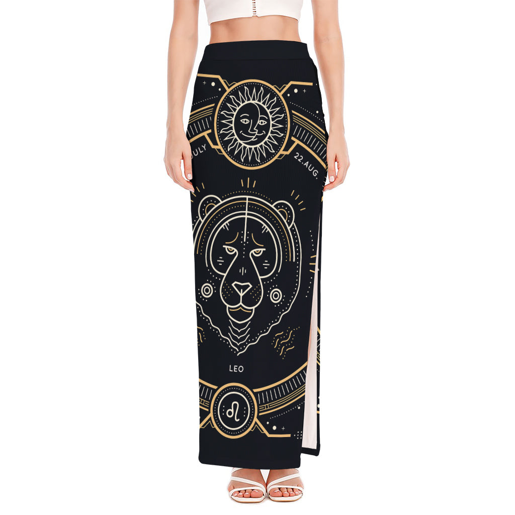 Vintage Leo Zodiac Sign Print High Slit Maxi Skirt