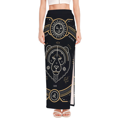 Vintage Leo Zodiac Sign Print High Slit Maxi Skirt