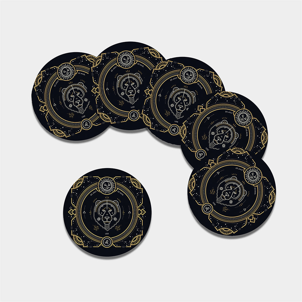 Vintage Leo Zodiac Sign Print Leather Coaster Set
