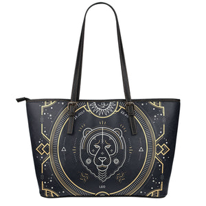 Vintage Leo Zodiac Sign Print Leather Tote Bag