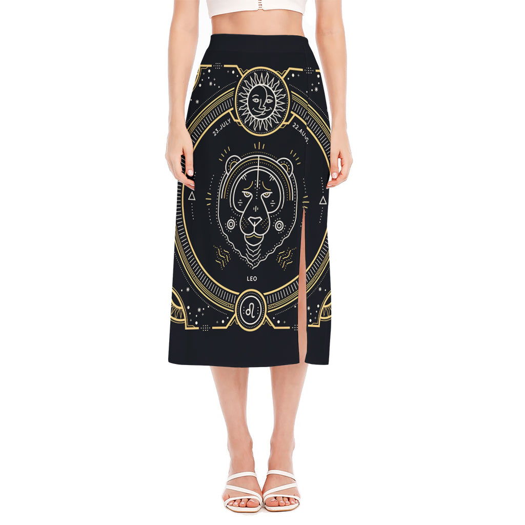 Vintage Leo Zodiac Sign Print Side Slit Midi Skirt
