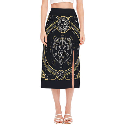 Vintage Leo Zodiac Sign Print Side Slit Midi Skirt