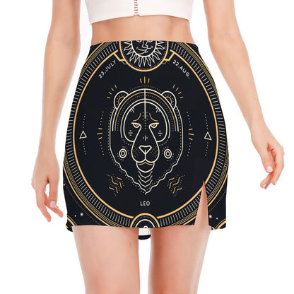 Vintage Leo Zodiac Sign Print Side Slit Mini Skirt