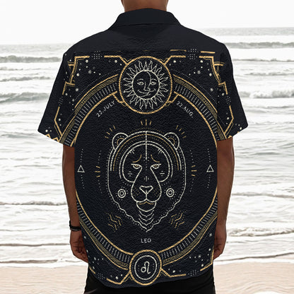 Vintage Leo Zodiac Sign Print Textured Short Sleeve Shirt
