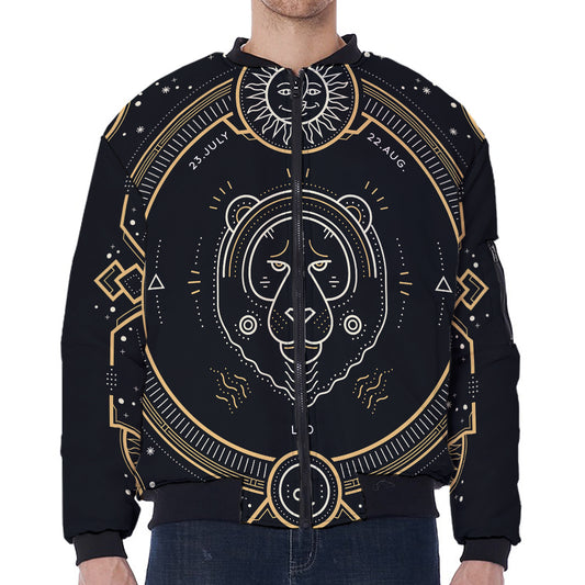 Vintage Leo Zodiac Sign Print Zip Sleeve Bomber Jacket