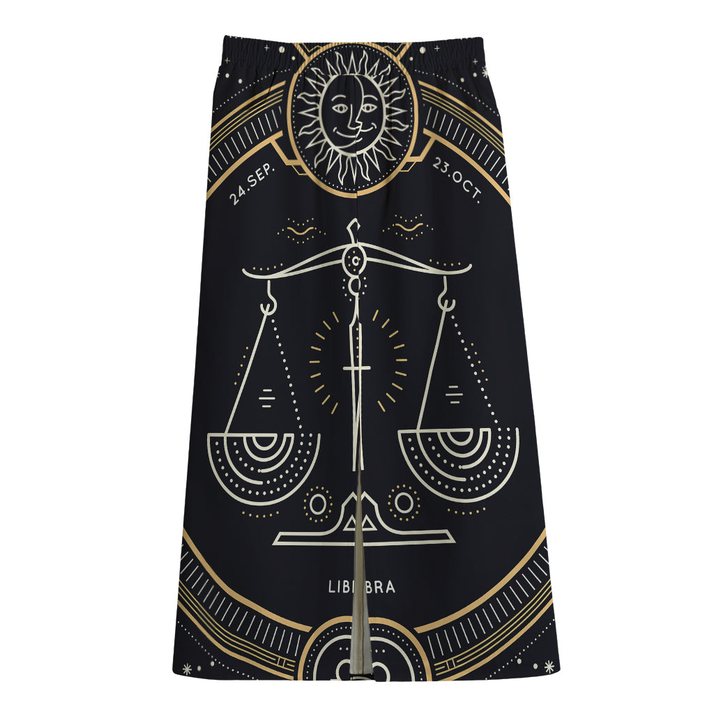 Vintage Libra Zodiac Sign Print Cotton Front Slit Maxi Skirt