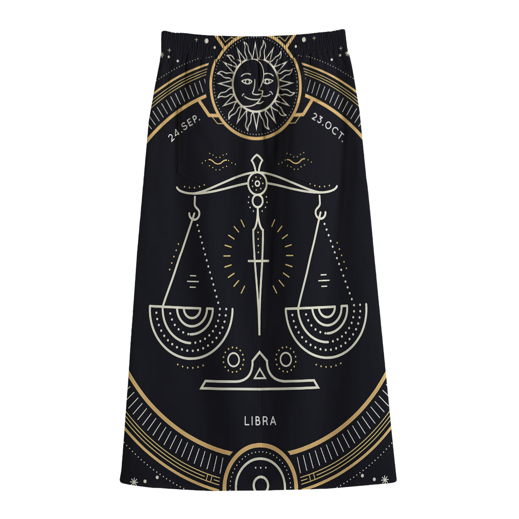 Vintage Libra Zodiac Sign Print Cotton Front Slit Maxi Skirt