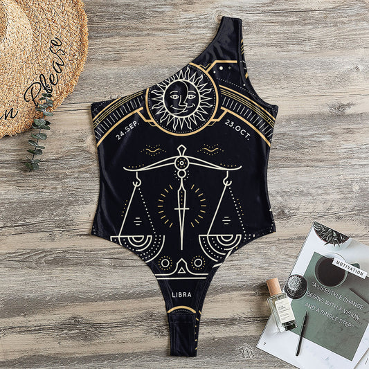 Vintage Libra Zodiac Sign Print One Shoulder Bodysuit