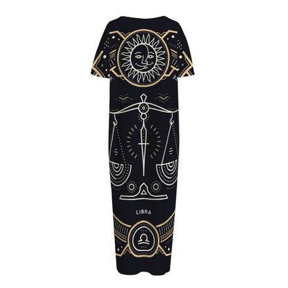 Vintage Libra Zodiac Sign Print Short Sleeve Long Nightdress