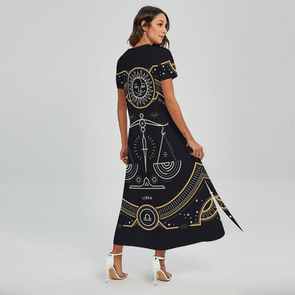 Vintage Libra Zodiac Sign Print Short Sleeve Maxi Dress