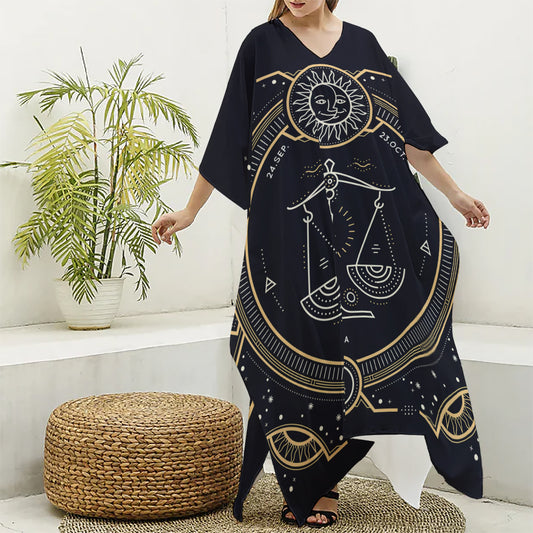 Vintage Libra Zodiac Sign Print Silk V-Neck Kaftan Dress