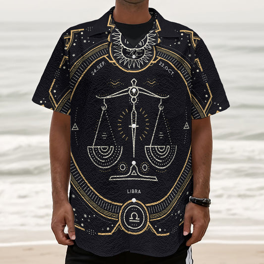 Vintage Libra Zodiac Sign Print Textured Short Sleeve Shirt