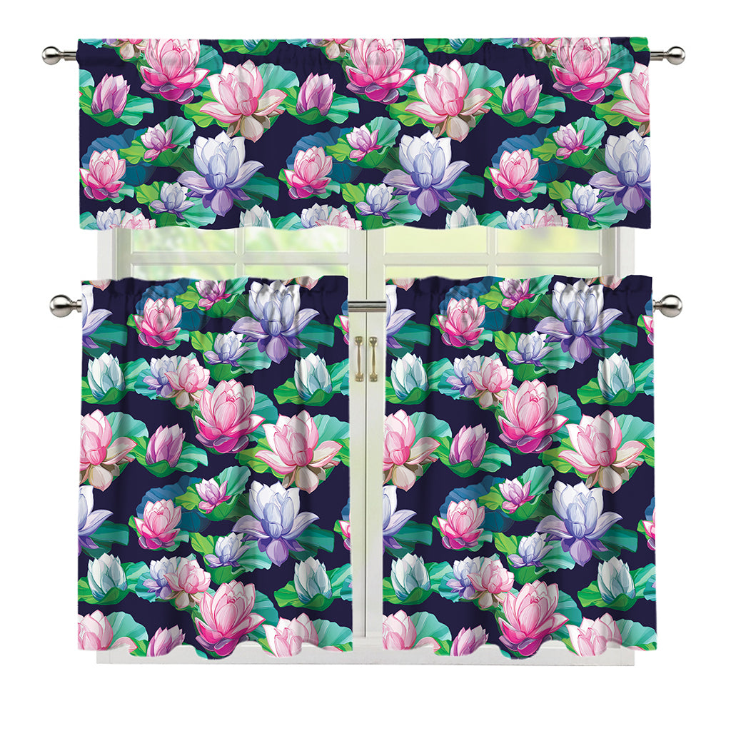 Vintage Lotus Floral Print 3 Piece Kitchen Curtains