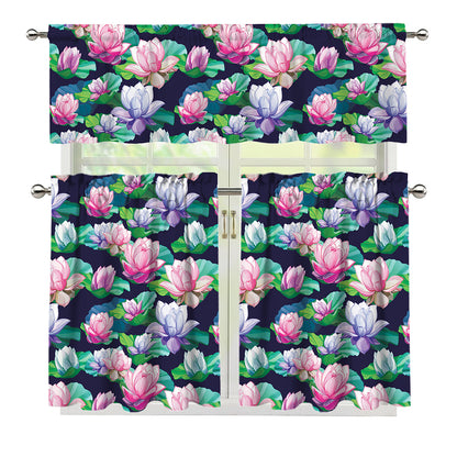 Vintage Lotus Floral Print 3 Piece Kitchen Curtains