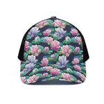 Vintage Lotus Floral Print Black Mesh Trucker Cap