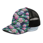 Vintage Lotus Floral Print Black Mesh Trucker Cap