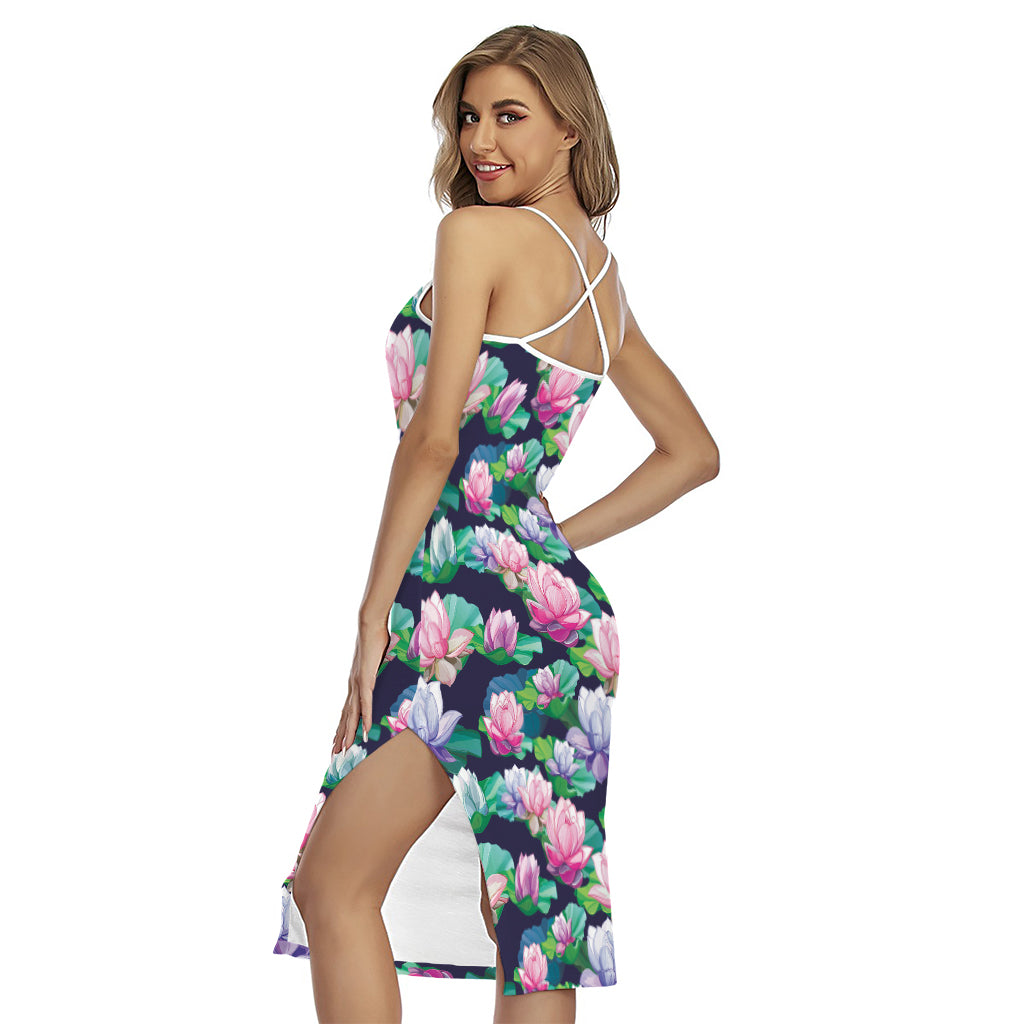 Vintage Lotus Floral Print Cross Back Cami Dress