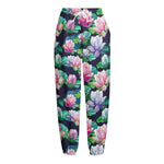 Vintage Lotus Floral Print Fleece Lined Knit Pants