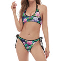 Vintage Lotus Floral Print Halter Scoop Tie Side Bikini