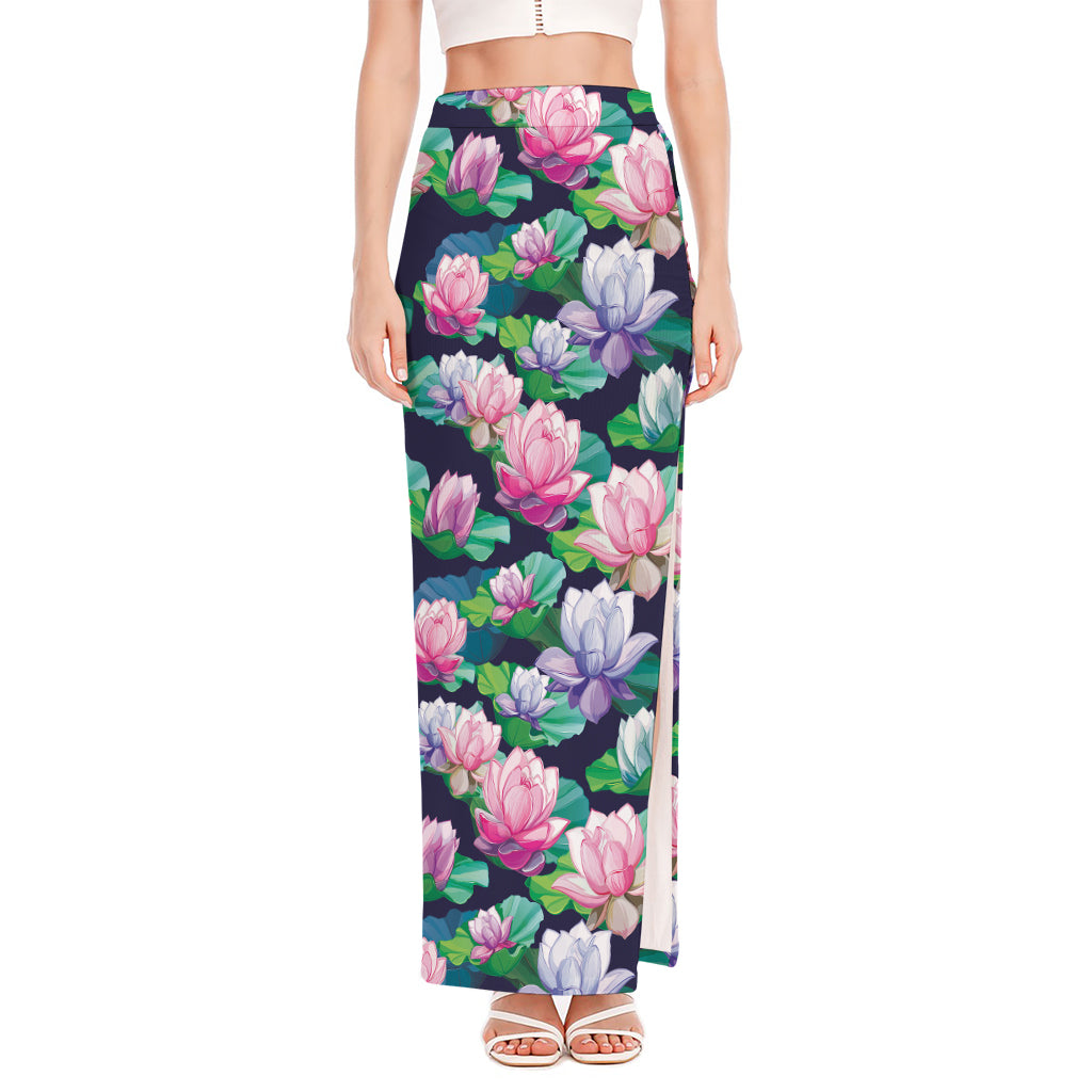 Vintage Lotus Floral Print High Slit Maxi Skirt
