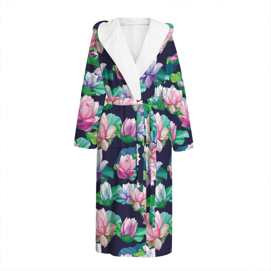Vintage Lotus Floral Print Hooded Bathrobe