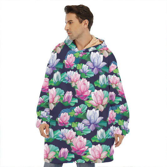 Vintage Lotus Floral Print Hoodie Blanket