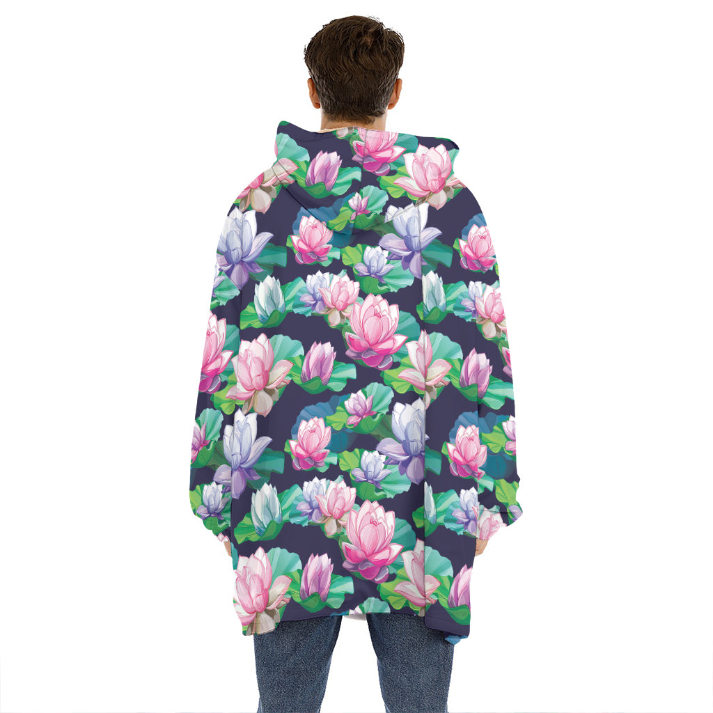 Vintage Lotus Floral Print Hoodie Blanket