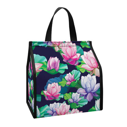 Vintage Lotus Floral Print Insulated Lunch Tote