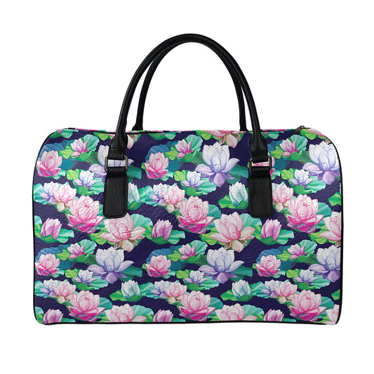 Vintage Lotus Floral Print Leather Duffle Bag