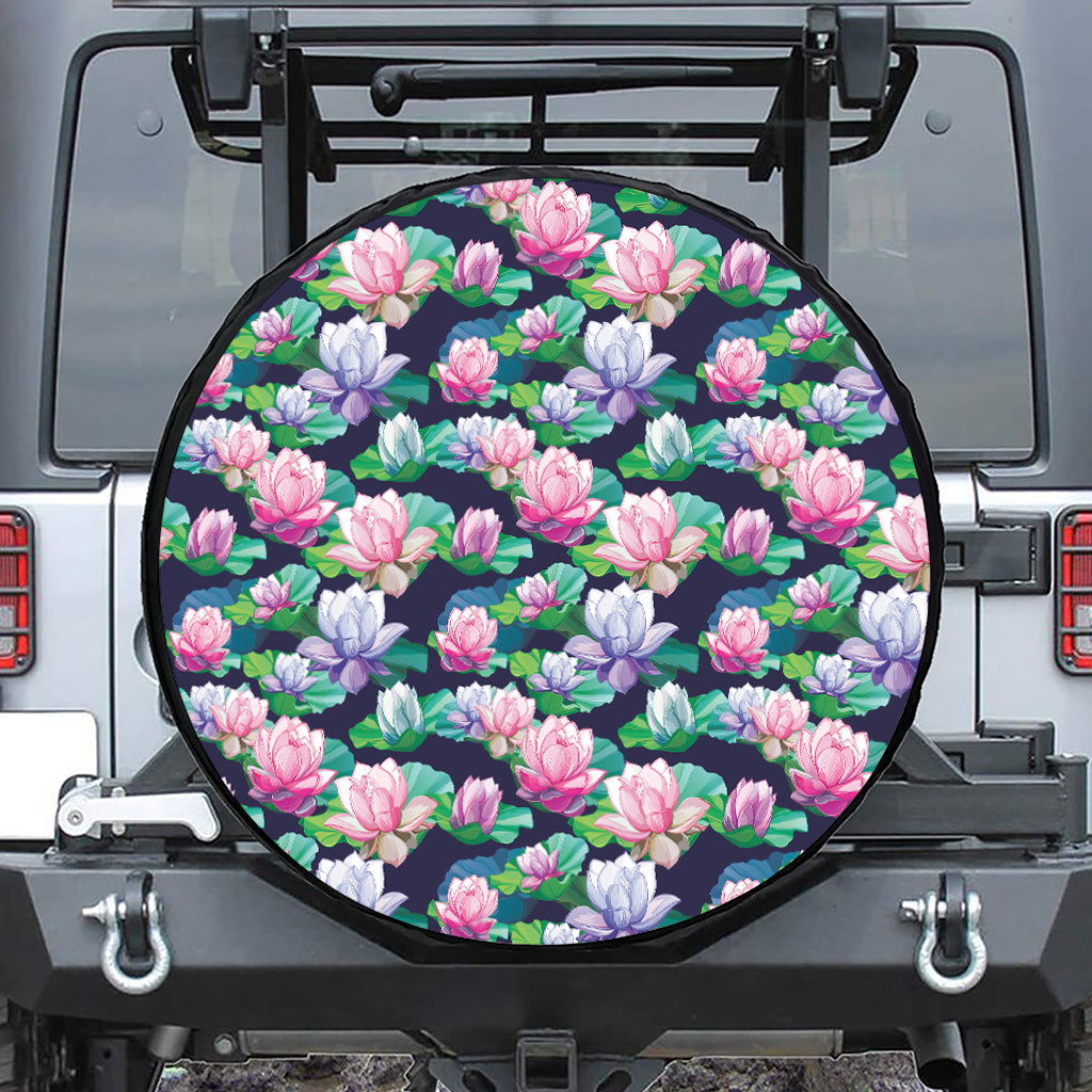 Vintage Lotus Floral Print Leather Spare Tire Cover