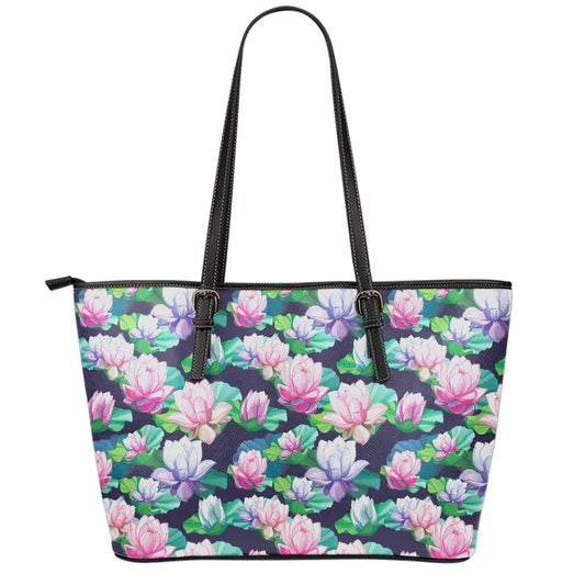 Vintage Lotus Floral Print Leather Tote Bag