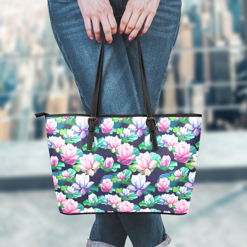 Vintage Lotus Floral Print Leather Tote Bag