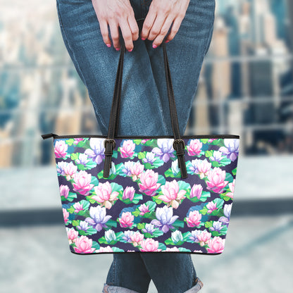 Vintage Lotus Floral Print Leather Tote Bag